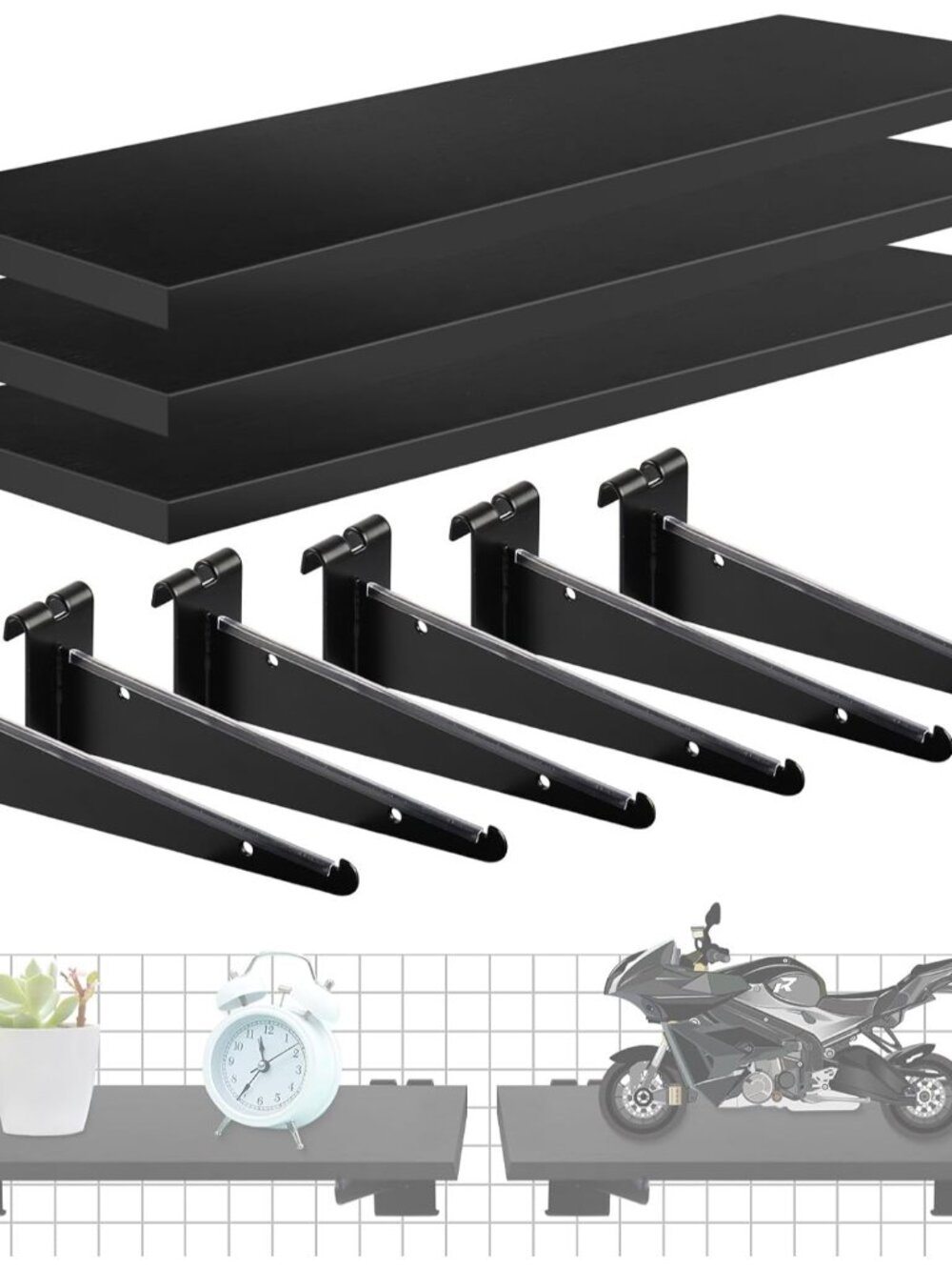 3 Pcs 16"x 6" Wooden Grid Wall Shelf with Metal Brackets